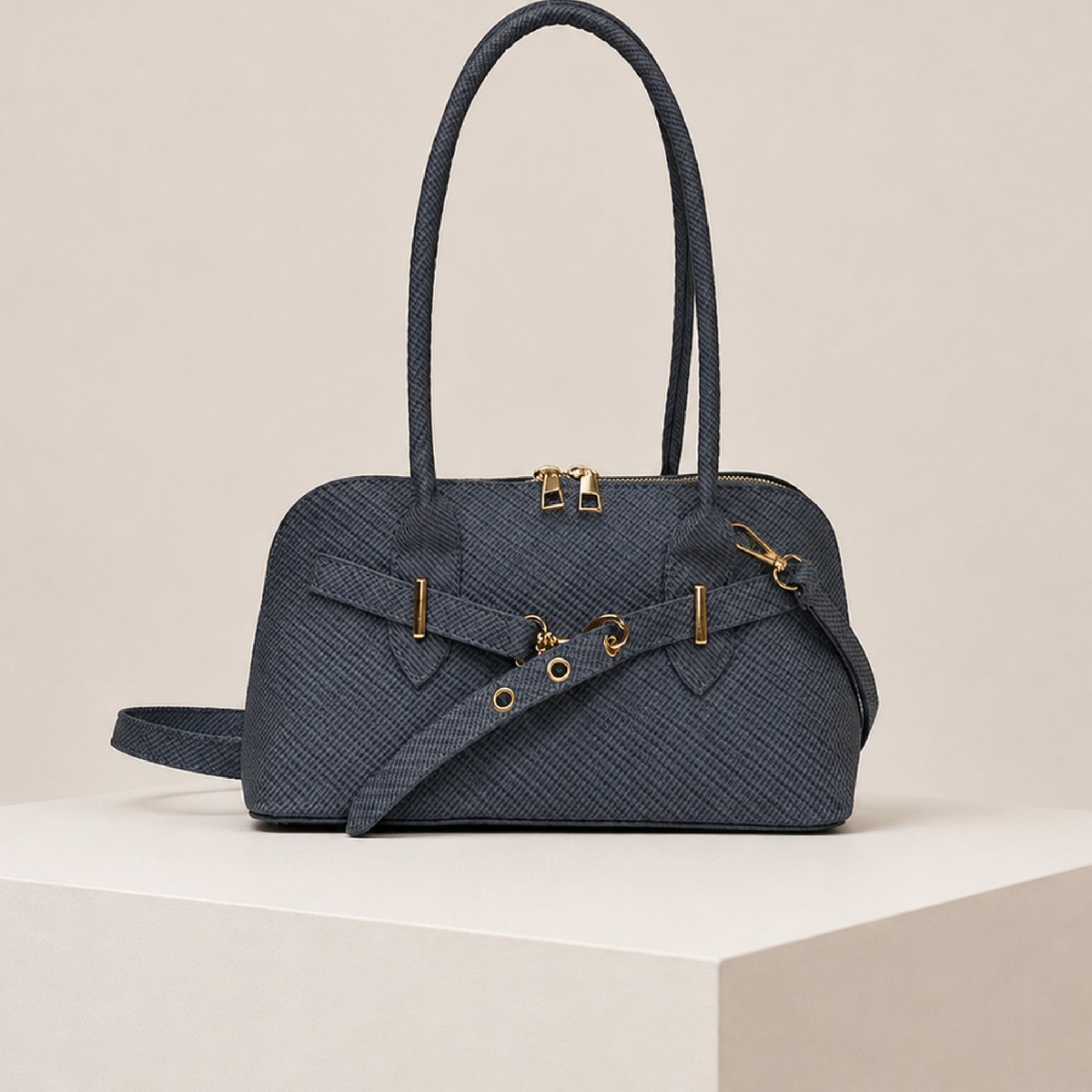 Belted Textured Bowler – Navy